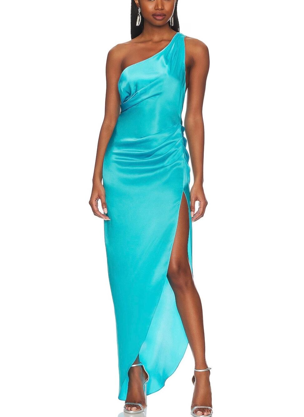 Amanda Uprichard Jaida Silk Maxi Gown in Marina One Shoulder High Slit Size S